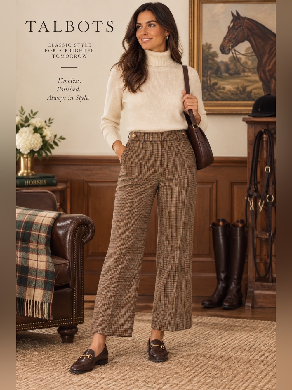 Talbots Size 12 Petite Houndstooth Wool Blend Wide Leg Pants Brown Equestrian